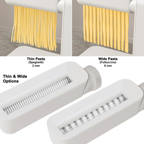Electric Pasta Maker With Roller And Cutters For Fresh Noodles showing thin spaghetti and wide fettuccine pasta options.