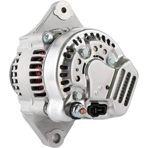 Road Ready 12 Volt 125 Amp Alternator For Kubota UTV With Internal Regulator And Integrated Cooling Fan side view showing detailed mounting.