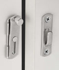 Four Pack Barn Door Latches Stainless Steel Brushed Nickel 1.89 Inch Square Flip Latches close-up on door installation