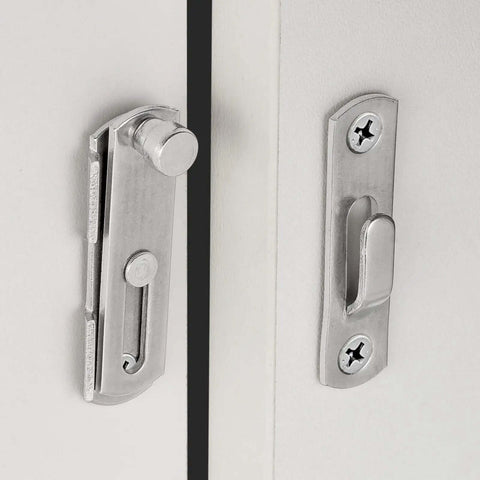 Four Pack Barn Door Latches Stainless Steel Brushed Nickel 1.89 Inch Square Flip Latches close-up on door installation