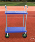 Heavy Duty Ten Inch Pneumatic Caster Set With Durable Rubber Tires And Bolt On Brackets featuring a blue two-tier cart on a sports track.
