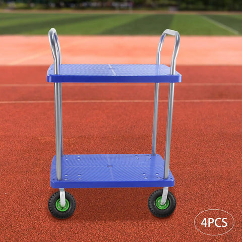 Heavy Duty Ten Inch Pneumatic Caster Set With Durable Rubber Tires And Bolt On Brackets featuring a blue two-tier cart on a sports track.