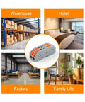 Get These Lever Wire Connectors For 10 Or 50 Pk With 28-12 Awg Tool Free Push In Terminals For Home Wiring And Led Projects Featuring Tin Plated Copper Contacts And Flame Retardant Housing. lever connector shown for warehouse, hotel, factory and home wiring