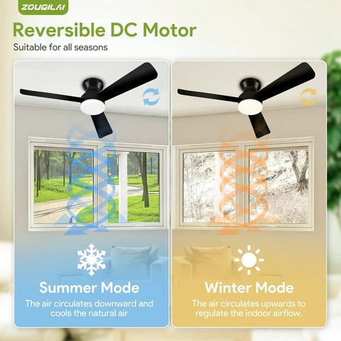 42 Inch Low Profile Ceiling Fan With Lights And Remote Reversible DC Motor Sleek Black Flush Mount in summer and winter mode