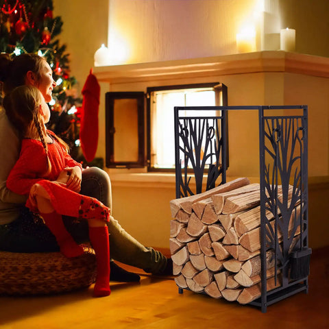 Compact Firewood Rack And Four Tool Set For Fireplace beside cozy family by the fire, decorative indoor wood storage rack