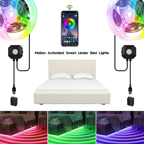 Motion Activated Under Bed Lights With 2x9.84 Ft RGB LED Strips Sensor Auto On In The Dark display with bed and phone app
