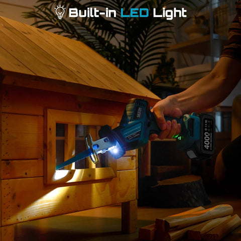 SEESII cordless reciprocating saw side view with LED light cutting wood; teal body and two 4.0Ah batteries attached.
