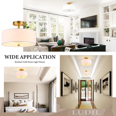 3 Light Gold Drum Semi Flush Mount Ceiling Light With White Fabric Shade, Modern Close To Ceiling Fixture For Bedroom Living Room Kitchen Hallway Entryway, Frosted Glass Diffuser, Dope Brushed Gold Finish