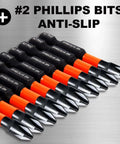 Angled front view of 10-pack PH2 Phillips impact bits, 2-inch, magnetic S2 steel, orange and black bodies