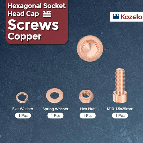 Premium Red Copper Socket Head Cap Screw Kit Four Piece M10-1.5x25mm Hex Bolts And Nuts Set showing screws, washers and hex nut.