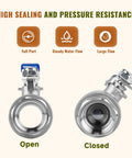 Top Shelf 1/2 Inch Ball Valve 2 Pack Full Port Female Npt Thread Shut Off Valve 304 Stainless Steel open and closed views showing sealing and flow.
