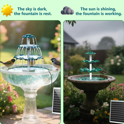 Side-by-side view of a Sun Powered 6.5W Solar Bird Bath Fountain With 3 Tier Waterfall And 9 Streams in day and night modes.