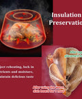 Insulated Glass Lazy Susan For Dining Table Keeps Dishes Warm Longer with heat-insulated chicken illustration overlaid text.