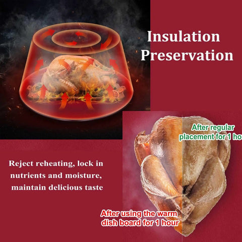 Insulated Glass Lazy Susan For Dining Table Keeps Dishes Warm Longer with heat-insulated chicken illustration overlaid text.
