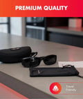 Next Gen Red Light Therapy Glasses Extra Dark Ir5 Lenses shielding case and pouch on a countertop, ideal for travel.