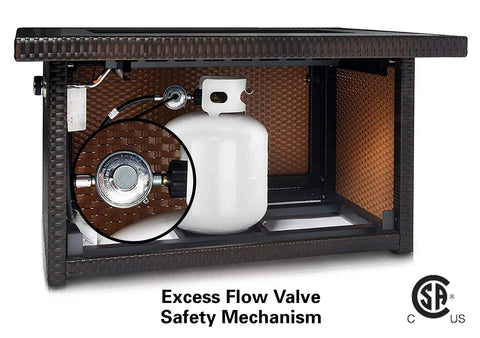 Open base view of 44 Inch Outdoor Propane Fire Pit Table with 50,000 BTU Heat, showing concealed propane tank and safety mechanism.