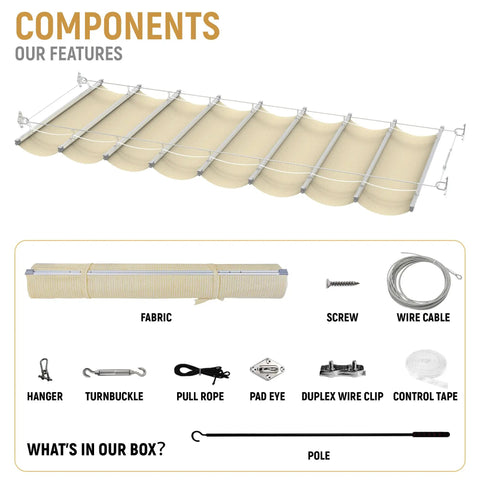 Components of 7' x 12' Retractable Wave Sun Shade Sail For Patio Porch Garden Backyard Beige Durable Polyethylene