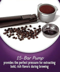 Compact Coffee Machine For Espresso And Cappuccino, Pod Brewer With Authentic Italian Pump, coffee beans and filter