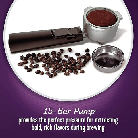Compact Coffee Machine For Espresso And Cappuccino, Pod Brewer With Authentic Italian Pump, coffee beans and filter