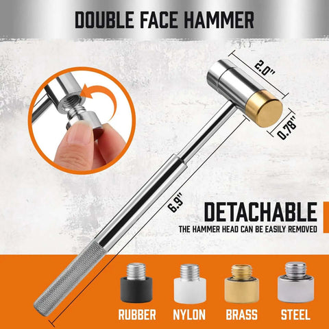 Interchangeable hammer from 22-Piece Punch and Hammer Set With Interchangeable Hammer Heads, showing detachable heads: rubber, nylon, brass, steel.