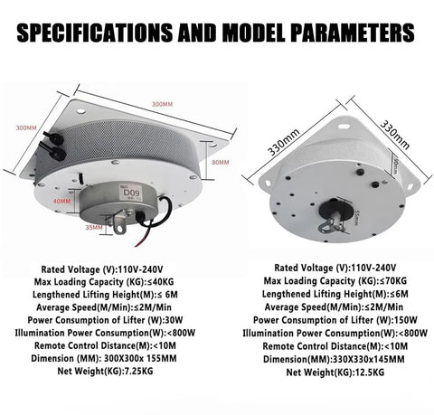 Specifications for Heavy Duty Electric Chandelier Hoist Lifter Winch with Wall Switch and Remote Controller, dimensions and performance details.