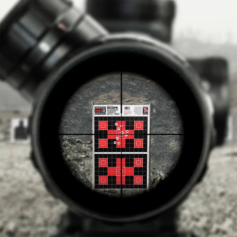 Halo Scope Target With Bigger Burst Technology for easy optic zeroing, high visibility reactive splatter targets captured through a scope.