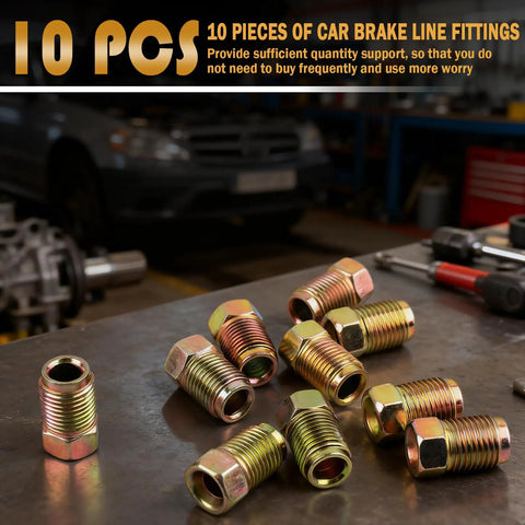 3 By 16 Dope Brake Line Fittings Kit With M10x1.0 Thread Metric Car Brake Line Union Pack Portable 10 Piece Set For Cars SUVs And Motorcycles Replaces Old Parts And Keeps Your Brakes Flowing. 10 galvanized steel fittings on workbench