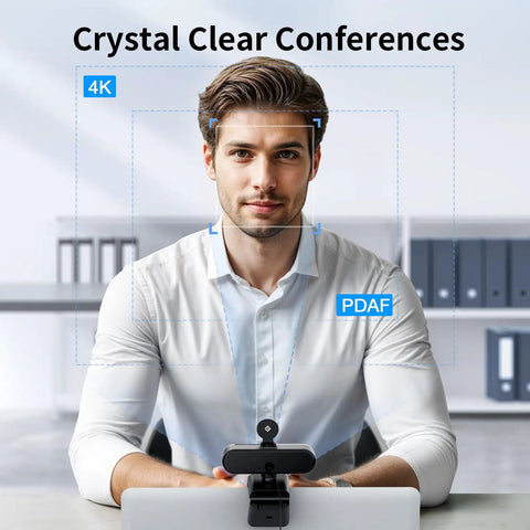 Hassle Free 4K Webcam For PC With Smart Optical Tracking And Dual Noise Cutting Mics Plug And Play Streaming Gear in use during video call.