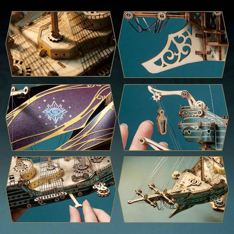 Close-up of laser-cut details and assembly of 3D Pirate Ship Puzzle Kit For Adults Build It Yourself Brain Teaser Model Wood Craft.