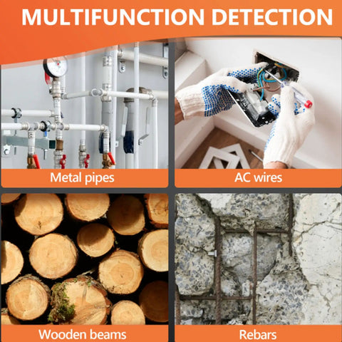 Kavolet Stud Finder Wall Scanner displaying detection of metal pipes, wooden beams, AC wires, and rebar behind surfaces.