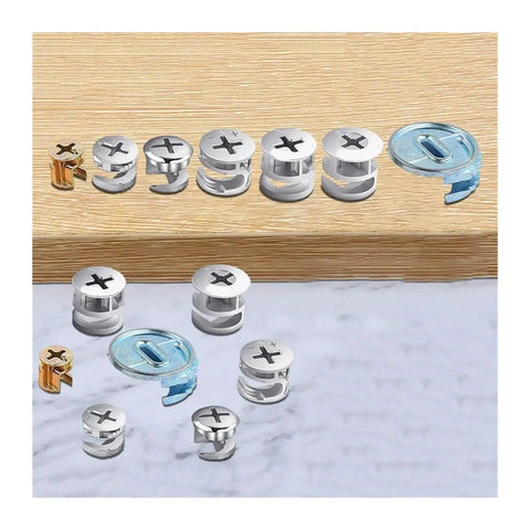 Fifty Piece Heavy Duty Cam Lock Furniture Connectors With Adjustable Eccentric Wheel Design For Rock Solid Cabinet Assembly And No Sweat Woodworking Projects That Grip Tight on a wooden surface.