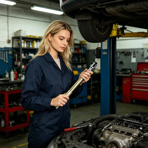 Mechanic using Extension Wrench Set High Torque Half Inch Metal Socket Tool System in automotive engine compartment.