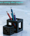 Black-coated steel cubes with colored pencils inserted, showcasing a black coating effect for welding applications.