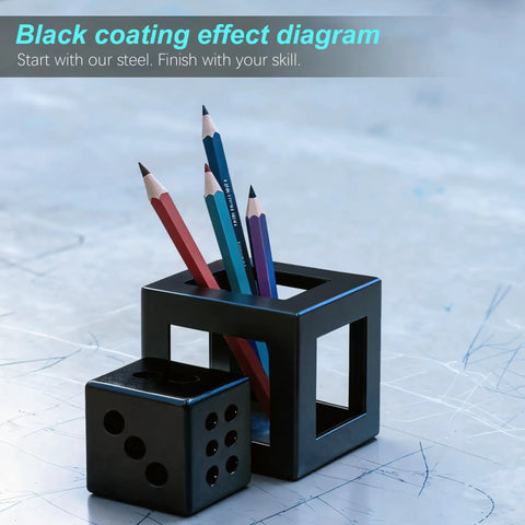 Black-coated steel cubes with colored pencils inserted, showcasing a black coating effect for welding applications.