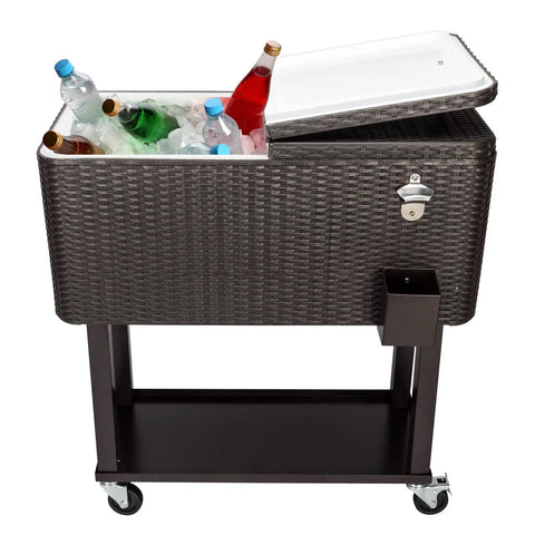 80 Quart Rolling Cooler Cart for Patio and Pool Parties, Portable Beverage Trolley With Ice Chest, Brown Wicker Finish