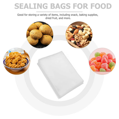 Image showing 100 Pack No Brainer Clear BOPP Self Sealing Bags For Snacks Candy Baking Supplies And Small Business Storage with food items.