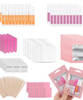 20 Piece Disposable Press On Nail Prep Kit With Files And Buffers Nail Glue And Remover Adhesive Tabs Prep Pads Sticks Alcohol Wipes Holographic Bag For At Home DIY Nail Biz featuring multiple components