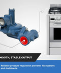 Natural Gas Regulator NGR02 10 By NMT 1 Inch NPT High Flow Regulator next to kitchen stove, illustrating installation use