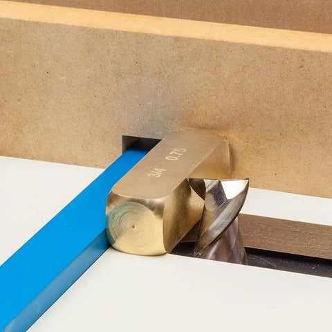 Premium Brass Setup Bars And Precision Height Gauge Master Kit For Woodworkers includes 3/4 inch brass guide block next to router bit.