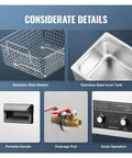 Image of Top Shelf 10 Liter Digital Ultrasonic Cleaner Featuring Rapid Heat Control Precision Timer with stainless steel basket and tank.