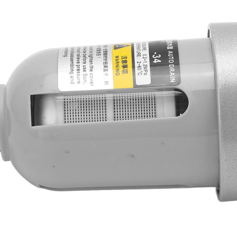 Close-up of Automatic Drain Valve for Air Systems with Translucent Filter, showing floating ball valve and aluminum cap