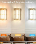 Set Of Two Gold Crystal Wireless Wall Sconces With Smooth Remote Control Rechargeable Cordless Lighting Featuring 12 RGB Colors And 3 CCT White Adjustable Dimming Options For Bedroom Living Room Total Glow Up No Sweat Install at different brightness levels