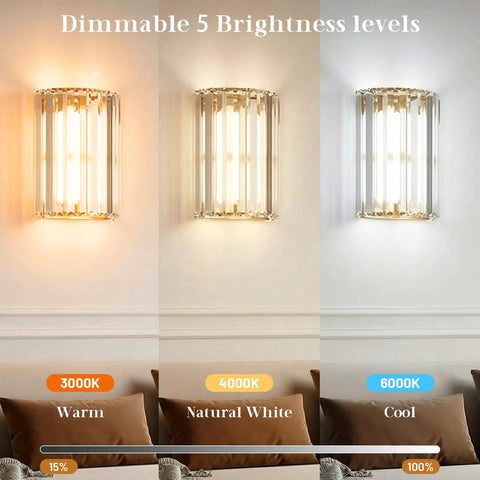 Set Of Two Gold Crystal Wireless Wall Sconces With Smooth Remote Control Rechargeable Cordless Lighting Featuring 12 RGB Colors And 3 CCT White Adjustable Dimming Options For Bedroom Living Room Total Glow Up No Sweat Install at different brightness levels
