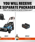X6 60V Max 21 Inch Beast Power Self Propelled Mower With 8Ah Battery And Charger, Smart Display, 7 Level Height Adjustment, 3 In 1 Mulching Bagging And Side Discharge, Battery Shipped Separately, shown with mower, charger, and battery boxes