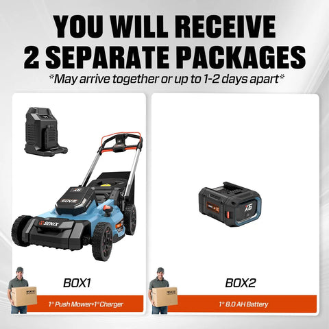 X6 60V Max 21 Inch Beast Power Self Propelled Mower With 8Ah Battery And Charger, Smart Display, 7 Level Height Adjustment, 3 In 1 Mulching Bagging And Side Discharge, Battery Shipped Separately, shown with mower, charger, and battery boxes