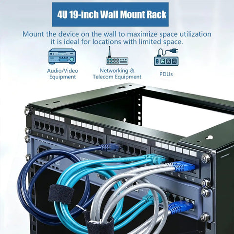 Heavy Duty Wall Mount Network Rack With 19 Inch Width And 14 Inch Depth, showcasing cable management for audio and video equipment.