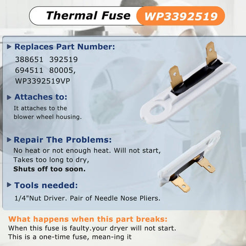 Thermal Fuse WP3392519 for Dryer Repair Kit With Cycling Thermostat High Limit Thermostat And Thermal Fuses DIY Friendly