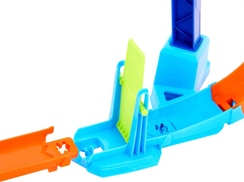 Colorful tracks of Hot Wheels Corkscrew Loop Track Set With 1:64 Scale Die Cast Car Flip And Jump Stunts and adapters.