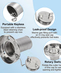 Diagram of keyless marine gas cap features including rust resistant 316 stainless steel, twist lock, and O-ring seal design.