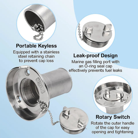 Diagram of keyless marine gas cap features including rust resistant 316 stainless steel, twist lock, and O-ring seal design.